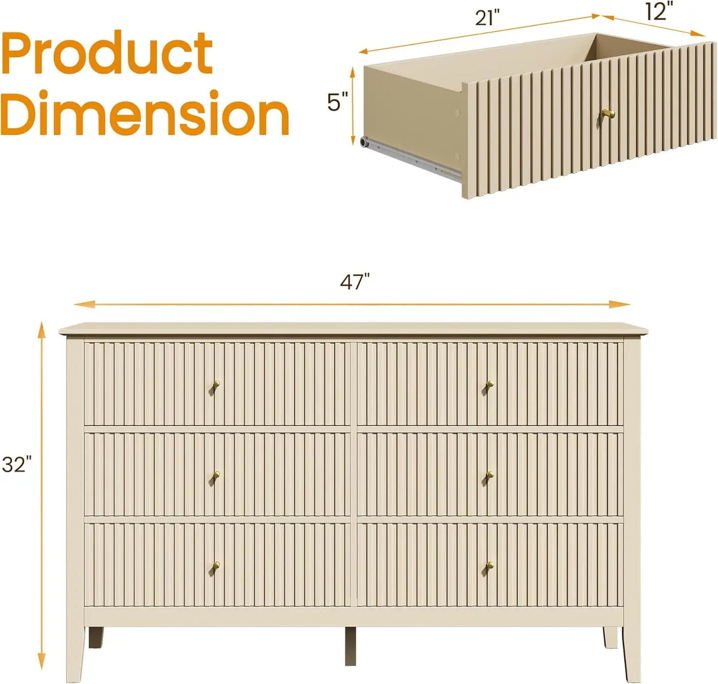 Beige 6 Drawer Dresser Fluted Modern Wood Chest TV Stand Storage Cabinet