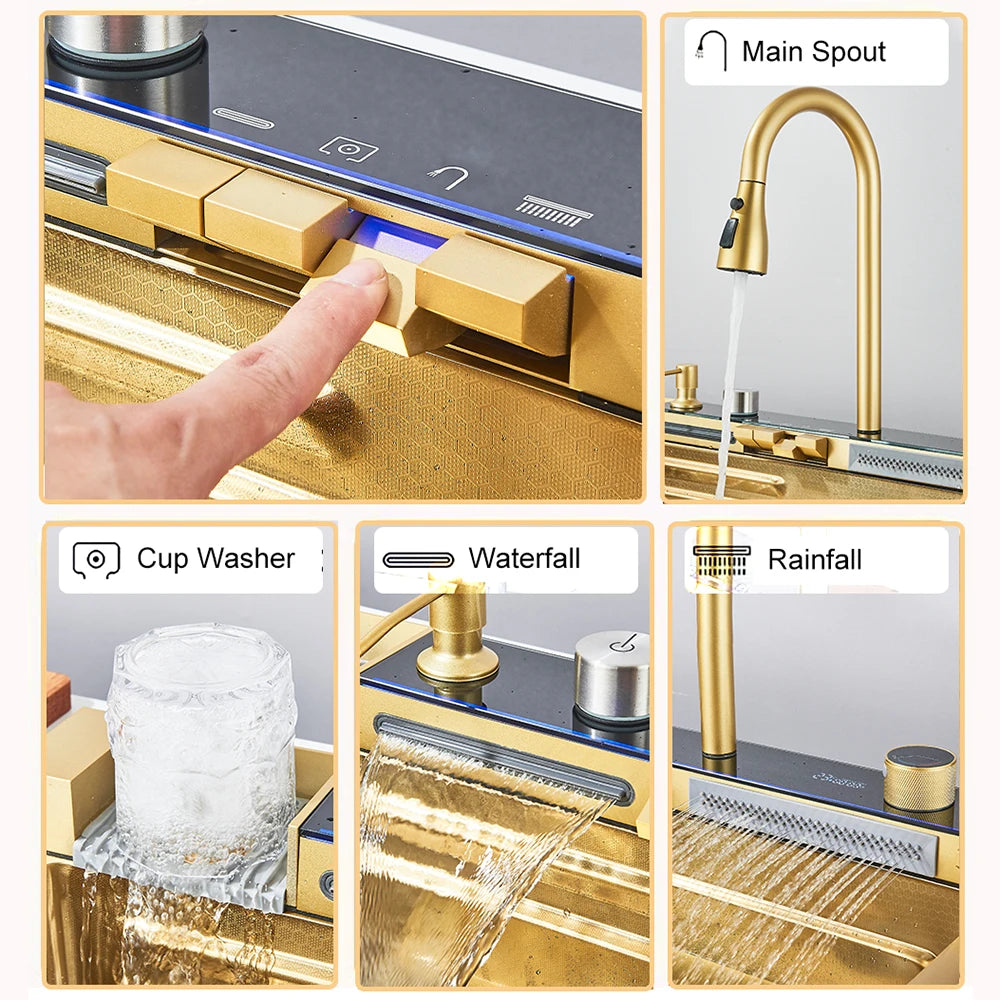 Gold Multifunctional Kitchen Waterfall Sink Digital Display 304 Stainless Steel