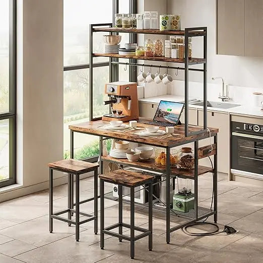 Stylish Kitchen Island Dining Table Set with Storage and Power Outlets