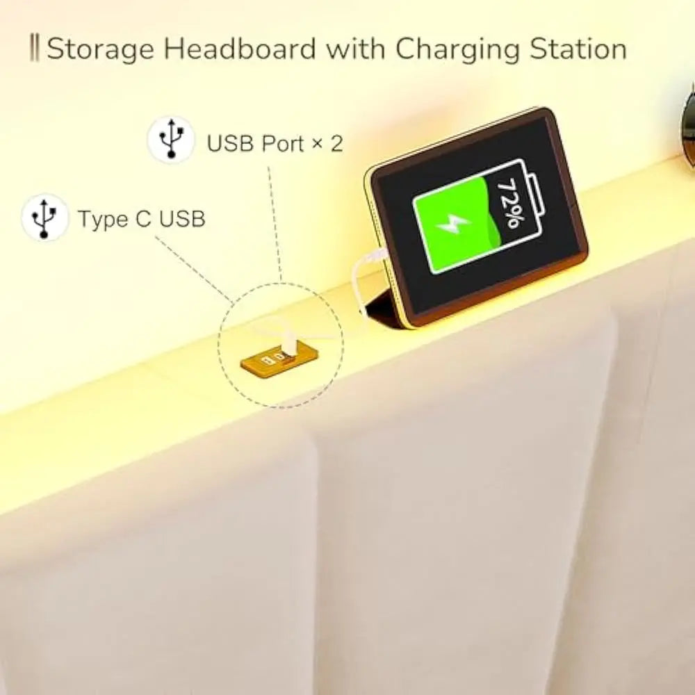 LED Bed Frame Velvet Storage Headboard with Charging Station Easy Assembly