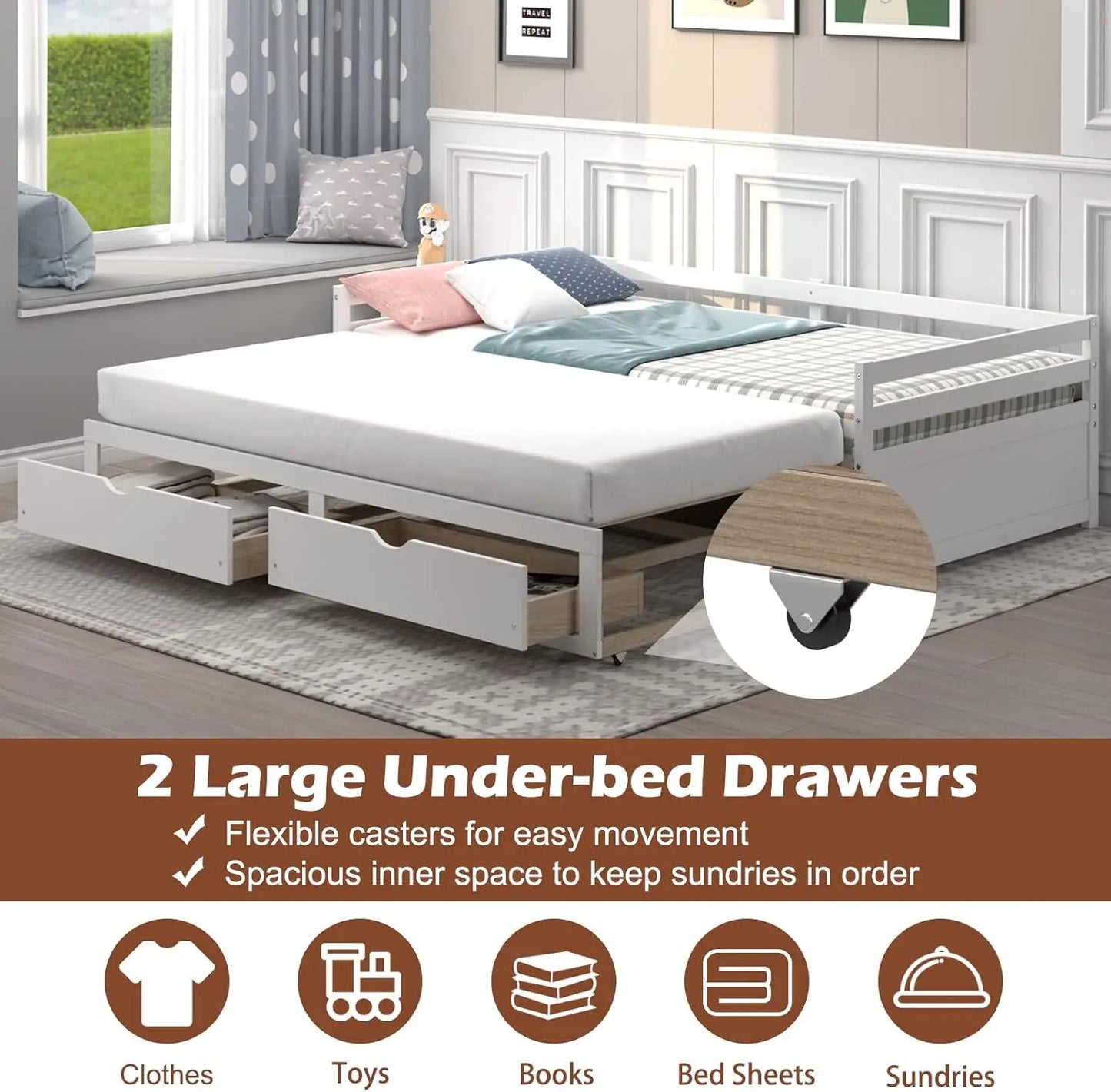 Twin to King Daybed with Trundle and Storage Drawers Modern Sofa Bed