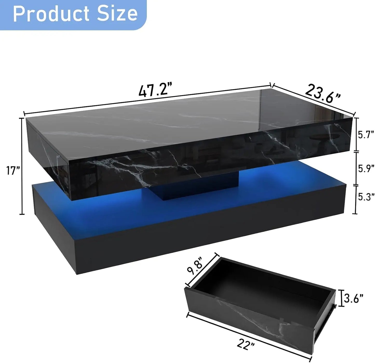 Modern Coffee Table with LED Lights Double-Layer Design Storage Drawers