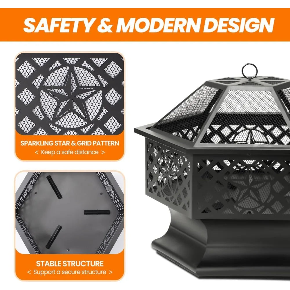33 Inch Hexagon Outdoor Fire Pit Wood Burning Metal Firepit for Backyard