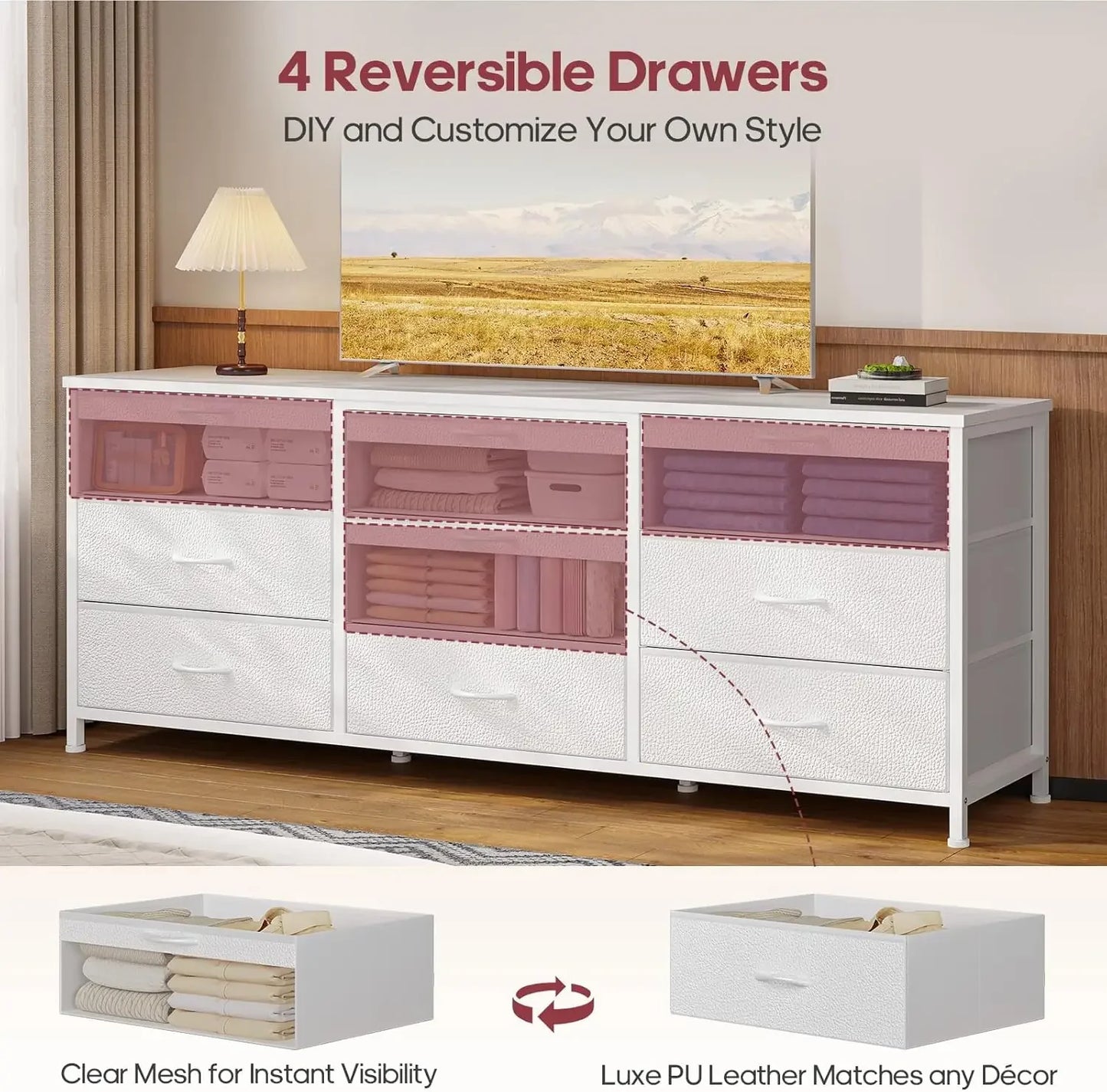 63 Inch Dresser Storage Organizer 9 Drawers Wide TV Stand Furniture