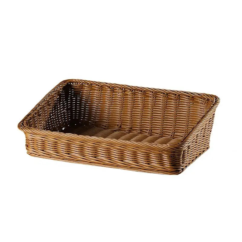 Rectangular Rattan Serving Tray Wicker Storage Basket With Handles