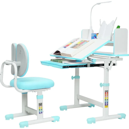 Kids Desk Chair Set Height Adjustable LED Lamp Tilting Tabletop