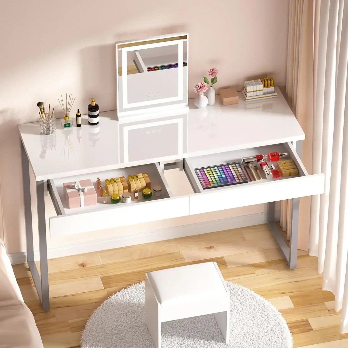 47 Inch Modern Vanity Desk White Makeup Table with 2 Drawers for Home Office