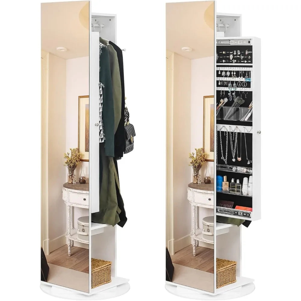 Jewelry Armoire Full-Length Mirror 360° Rotating Organizer Cabinet Storage