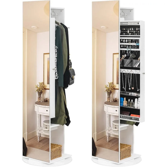 Jewelry Armoire Full-Length Mirror 360° Rotating Organizer Cabinet Storage