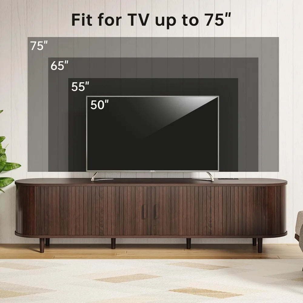 70 Inch Mid Century Modern TV Stand Sliding Doors Wood Entertainment Center