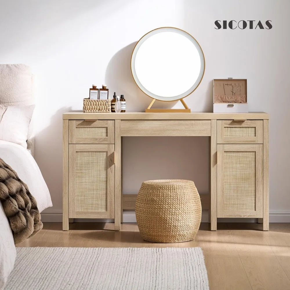 Rattan Vanity Desk 52" Large Boho Makeup Dressing Table with Storage
