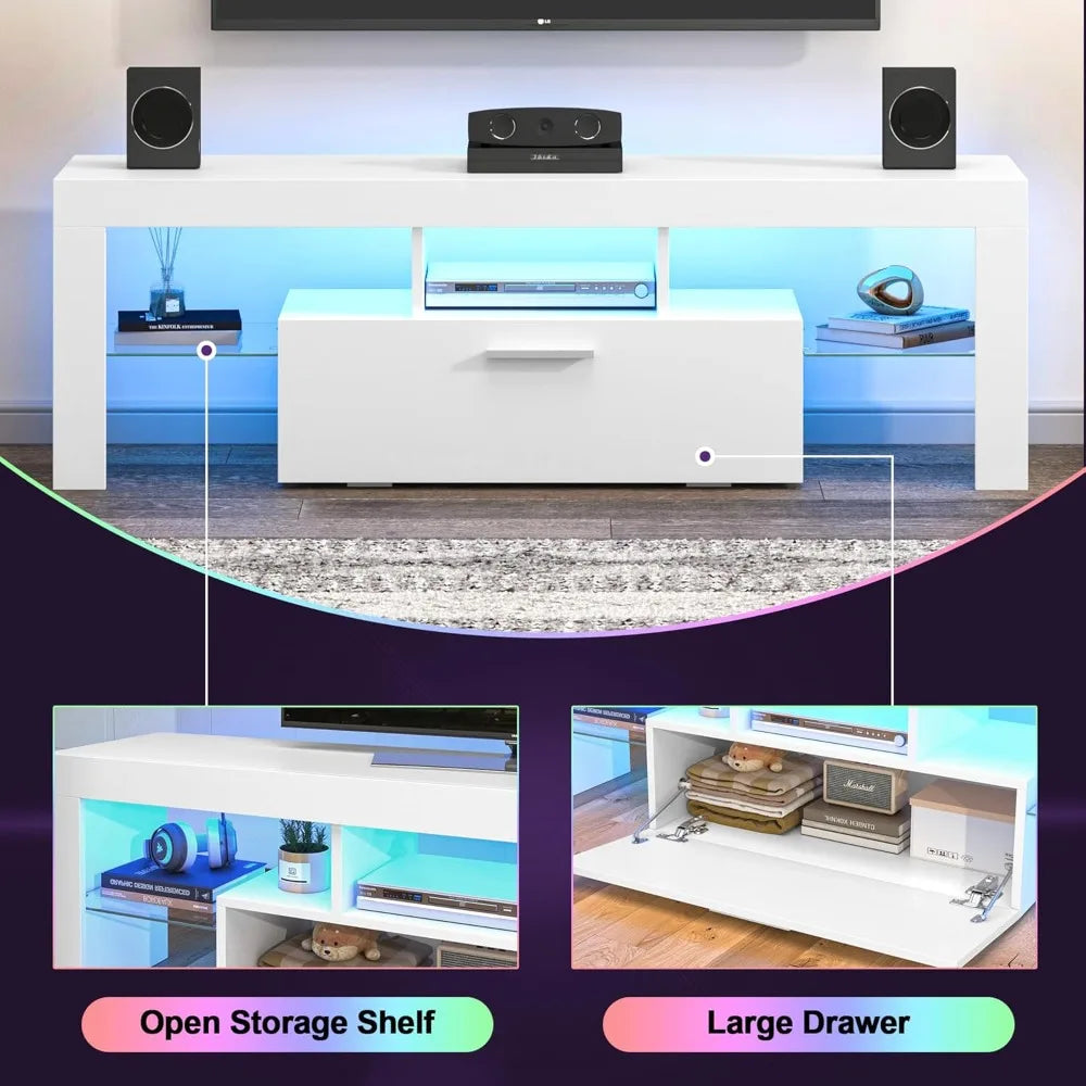 Modern White LED TV Stand with Large Storage Drawer for Living Room