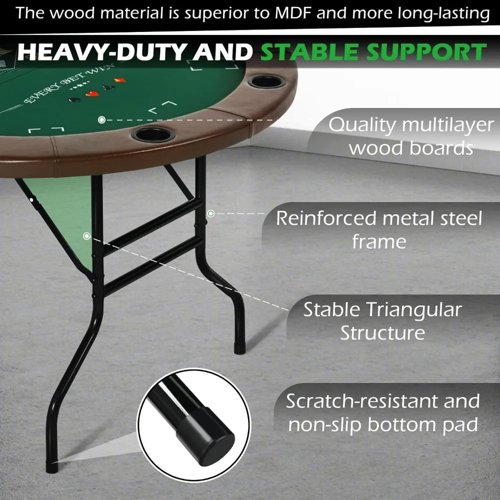 Foldable Round Poker Table for 8 Players with Cup Holders and Padded Rails