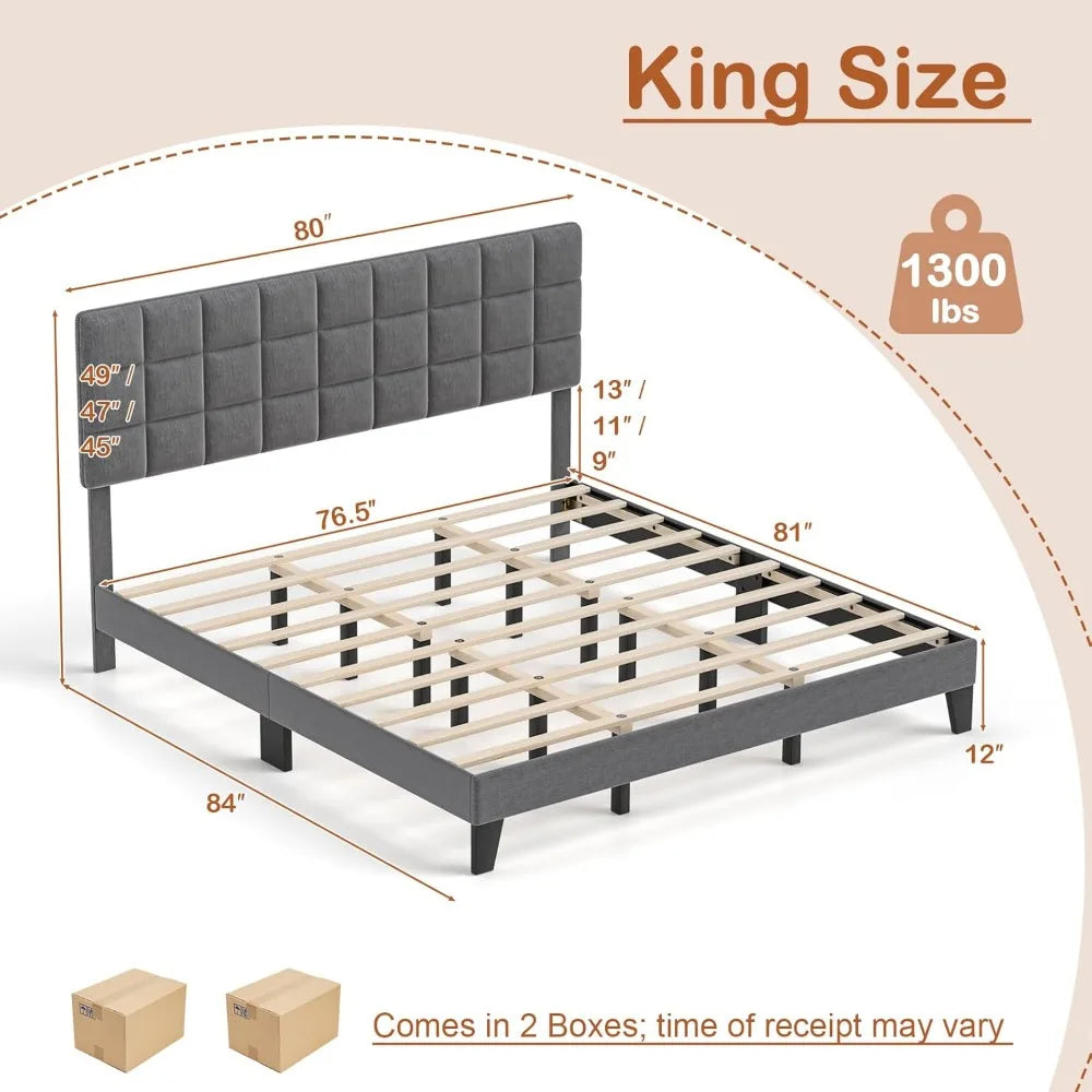 King Size Platform Bed Frame Adjustable Headboard Modern Linen