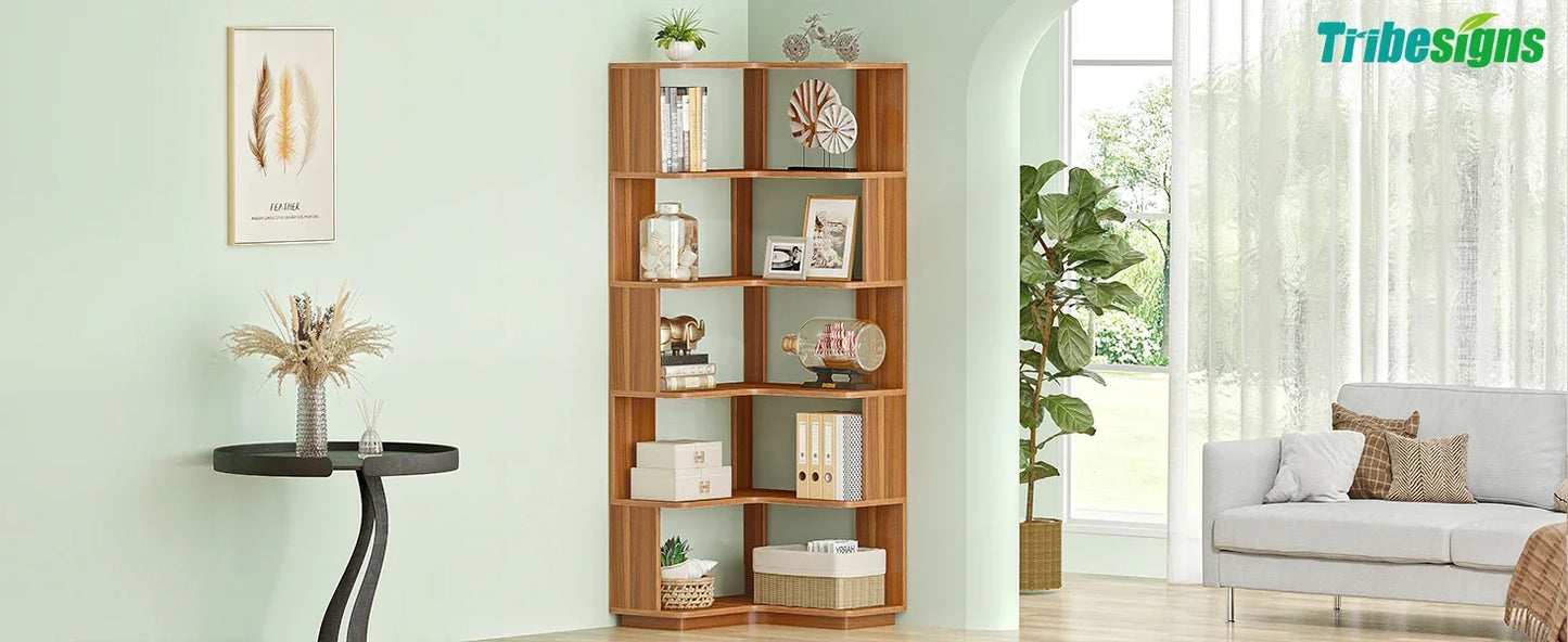 Ljustra 6 Tier Corner Bookshelf Industrial Wood Grain Bookcase