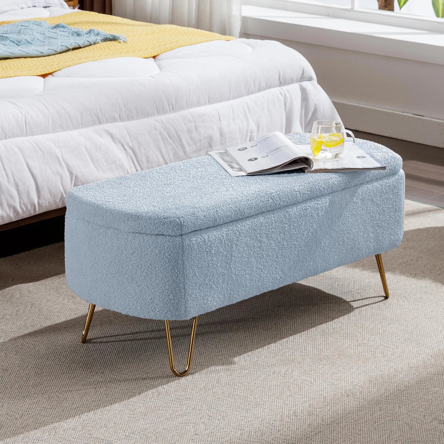 40 Inch Boucle Sherpa Ottoman Bench Storage Upholstered Gold Legs