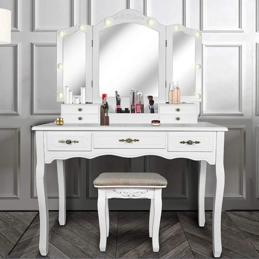 Vintage Vanity Desk Tri-Folding Mirror 6 Drawers Makeup Table with Lights