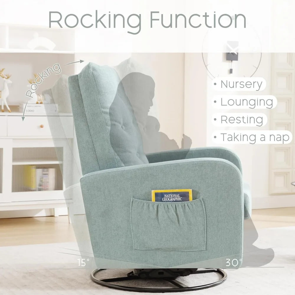 Swivel Rocking Chair Nursery Glider Upholstered Linen Armchair Indoor