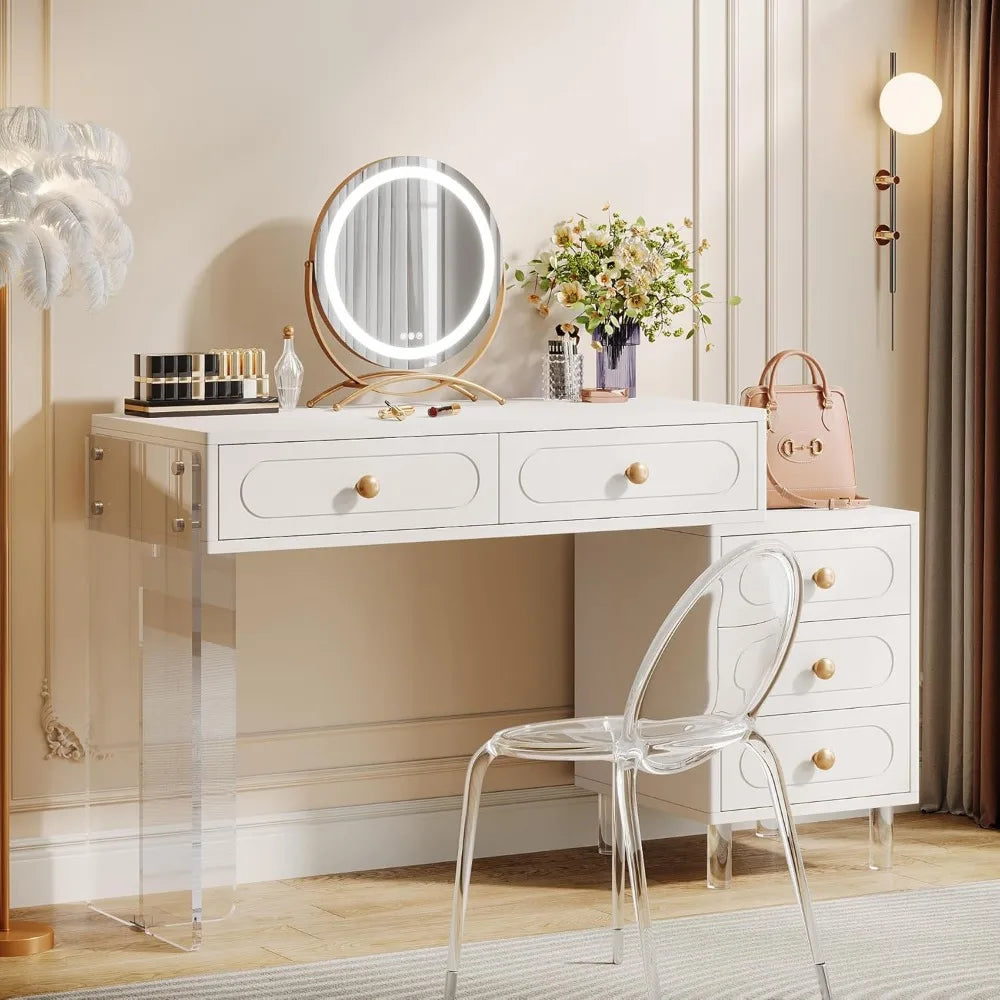 White Makeup Vanity Desk with 5 Drawers Extendable Modern Dressing Table