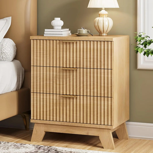 Fluted Nightstand 24 Inch Wide Side Table with 3 Storage Drawers