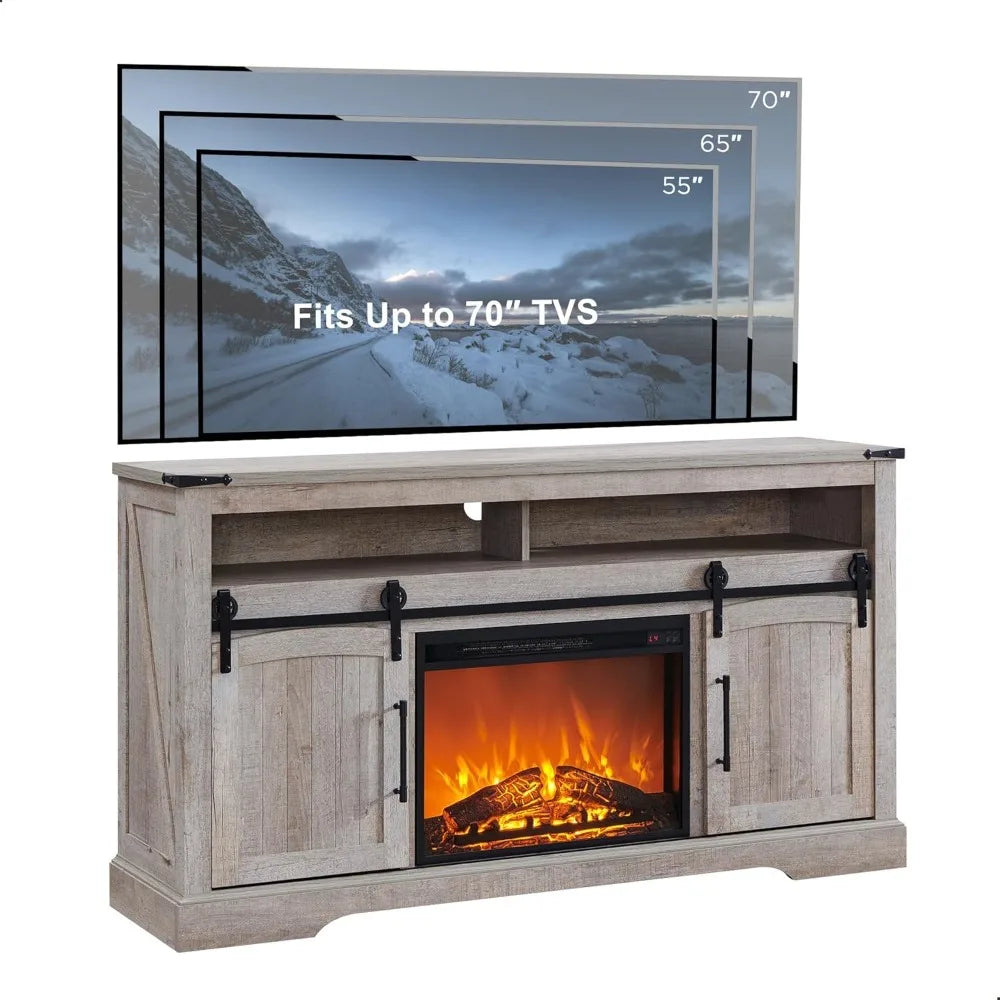 Farmhouse Fireplace TV Stand for 70 Inch TV Highboy Entertainment Center