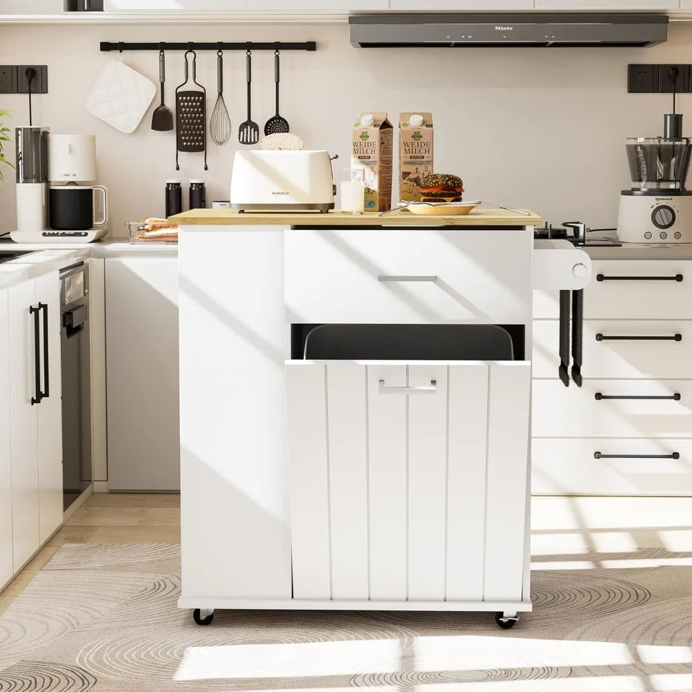 Rolling Kitchen Island on Wheels with Trash Can Storage and Spice Rack