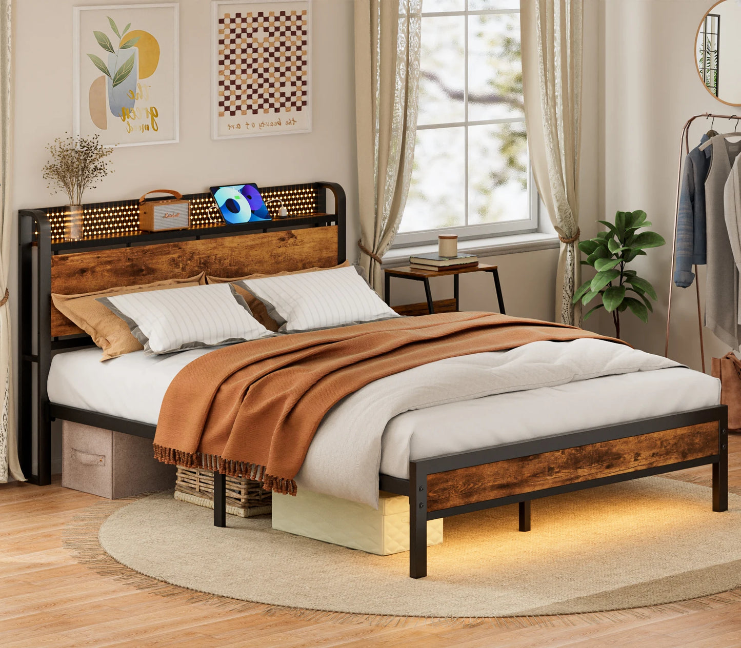 Full Queen Bed Frame with Charging Station LED Lights Storage Headboard