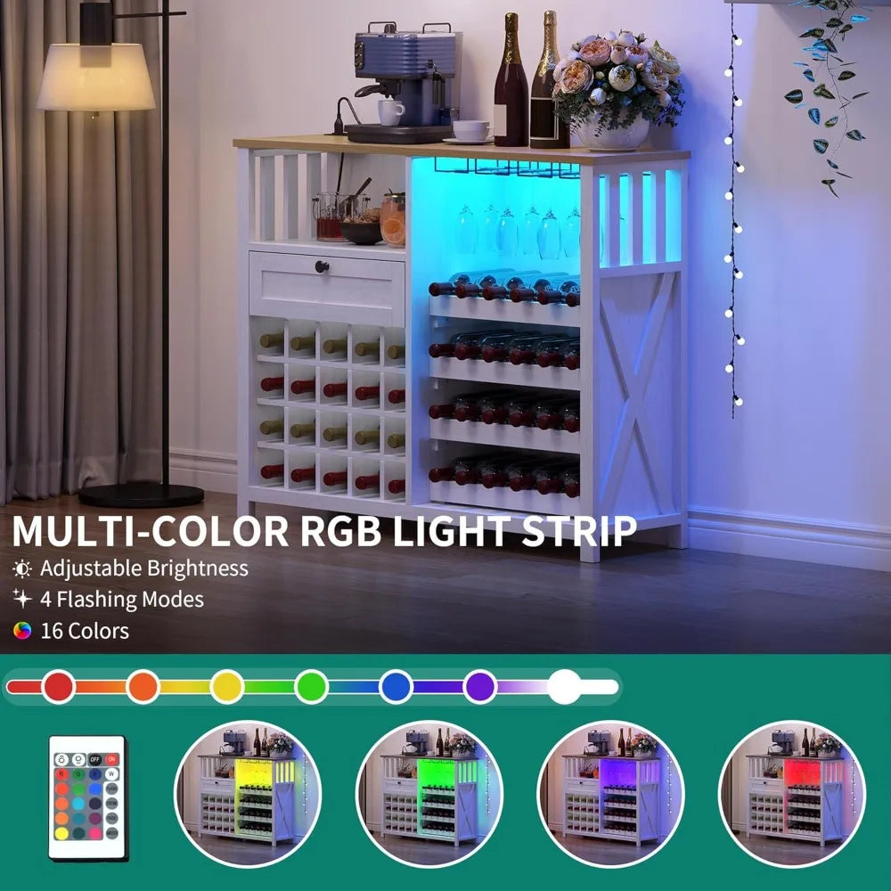 Wine Bar Cabinet with LED Light and Power Outlet Kitchen Buffet Sideboard