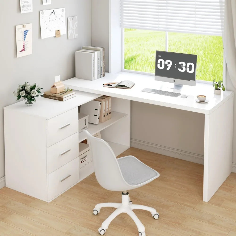 L-Shaped Computer Desk with 3 Drawers and 2 Shelves for Home Office
