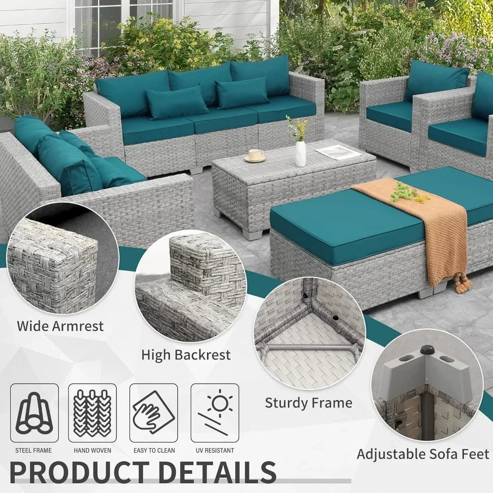 Ljustra 7 Piece Gray Rattan Patio Furniture Set Outdoor Sofa Storage Table