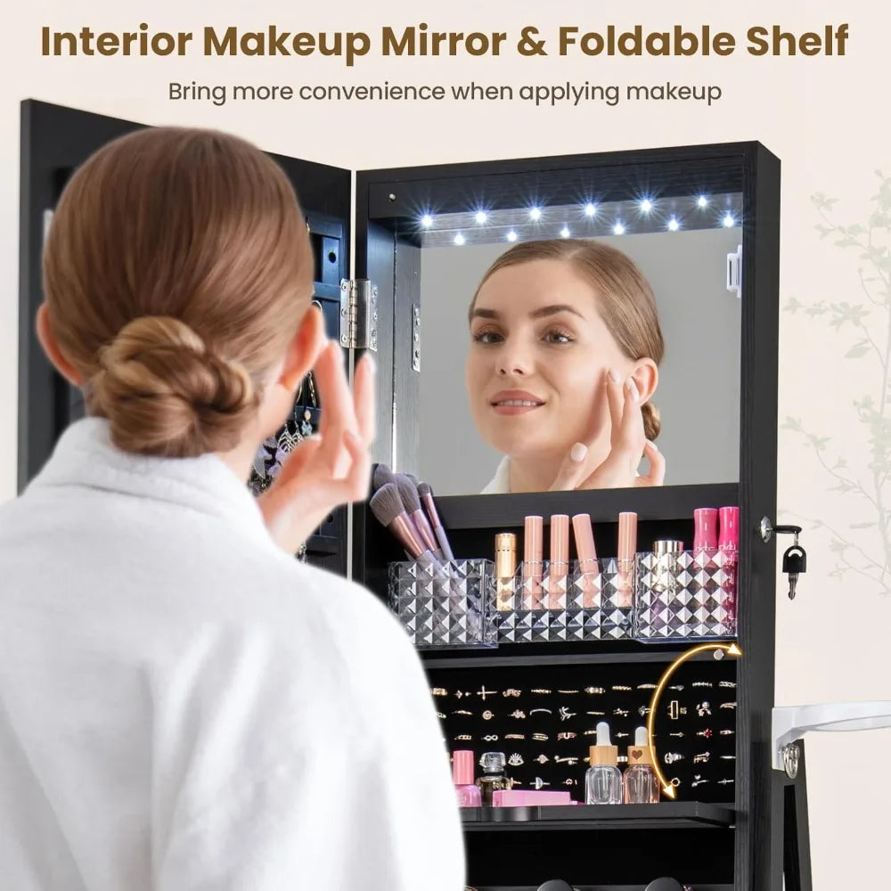 360 Swivel Jewelry Cabinet Armoire Full Length Mirror LED Organizer