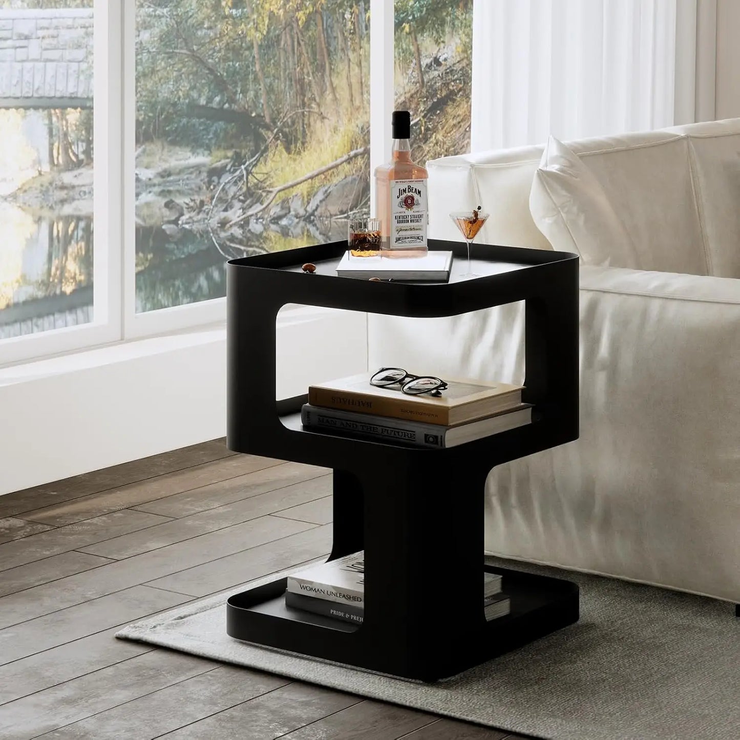 Modern Unique Nightstand Black Metal Side Table with Storage for Bedroom