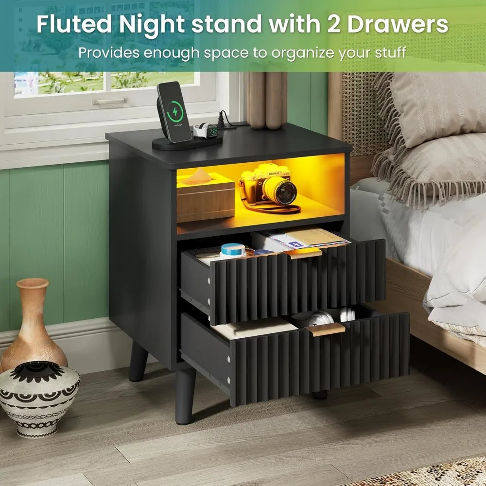 Fluted Nightstand Set of 2 with Charging Station Modern Bedside Table