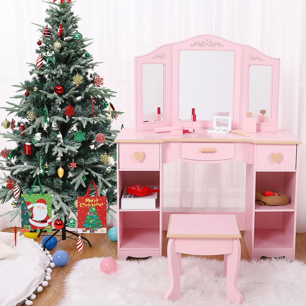 Girls Vanity Table and Chair Set Kids Makeup Dressing Table Wood Toy