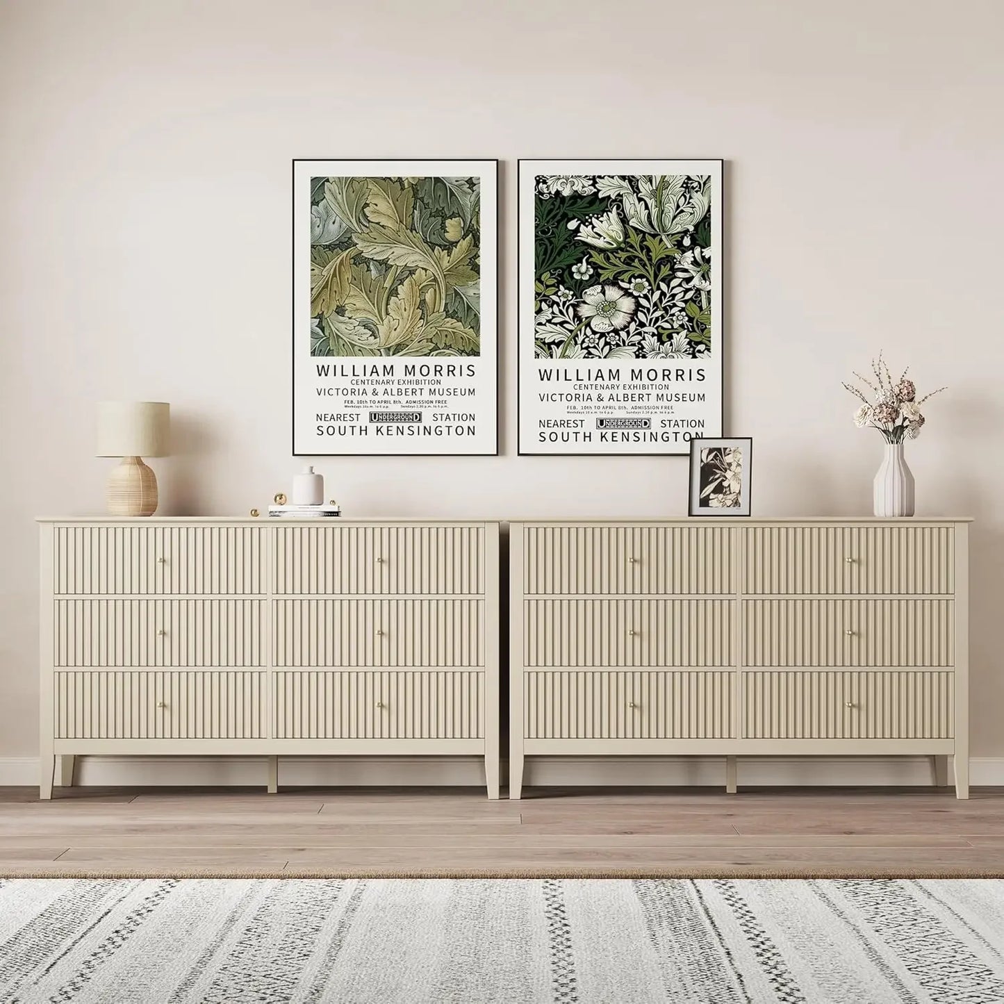 Beige 6 Drawer Dresser Fluted Modern Wood Chest TV Stand Storage Cabinet