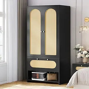 Rattan Wardrobe Closet 70 Inch Tall Large Armoire Storage Cabinet