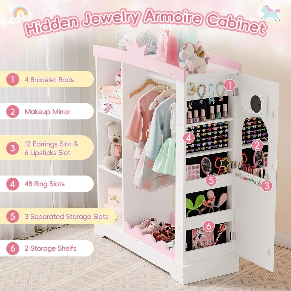 Kids Armoire Jewelry Cabinet Dress Up Storage Mirror Shelves Closet
