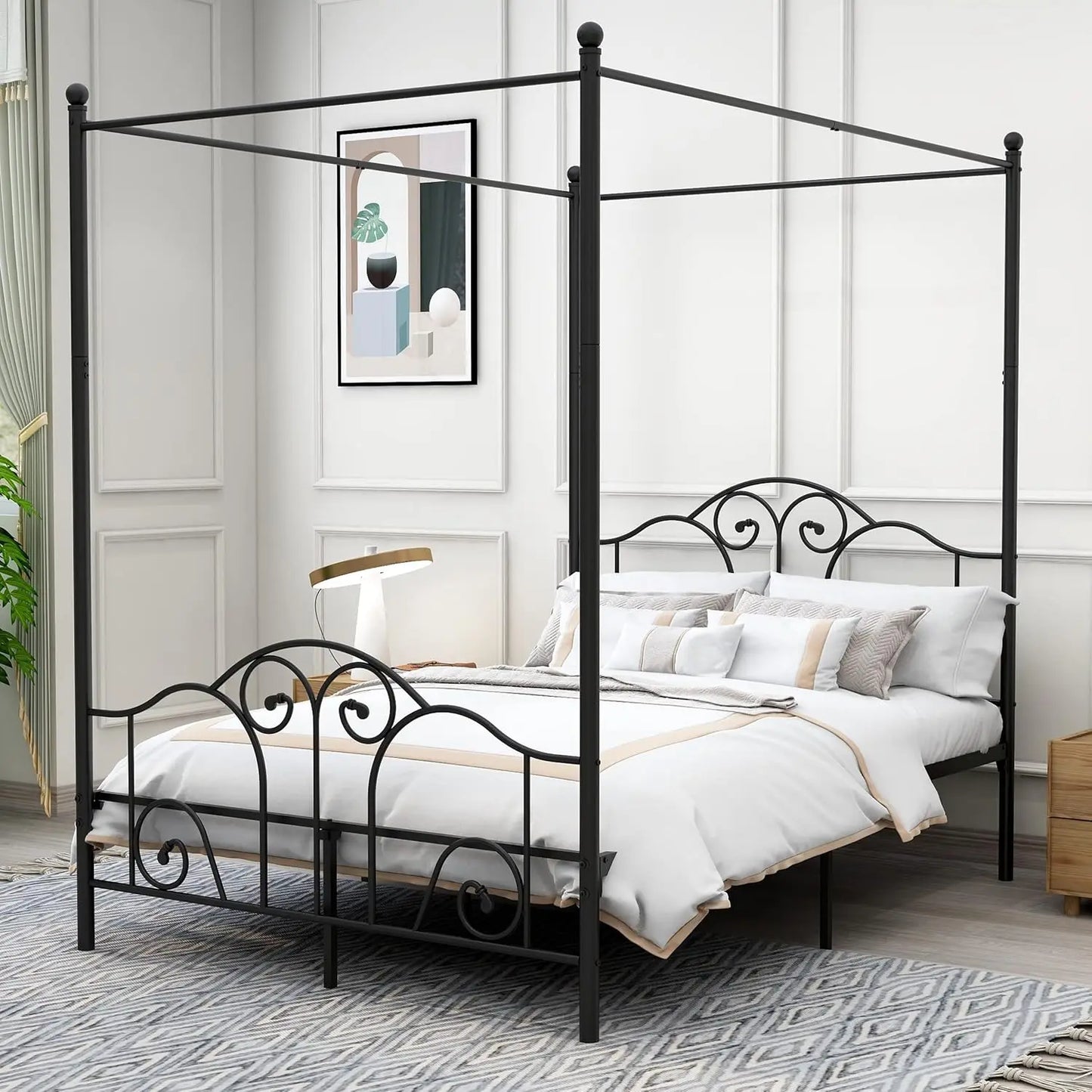 Full Size Four-Poster Metal Canopy Bed Frame with Headboard and Footboard