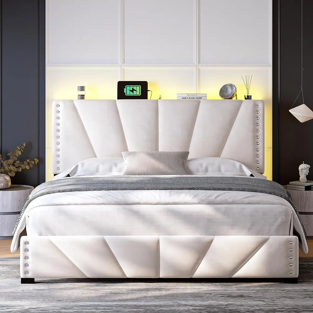 LED Bed Frame Velvet Storage Headboard with Charging Station Easy Assembly