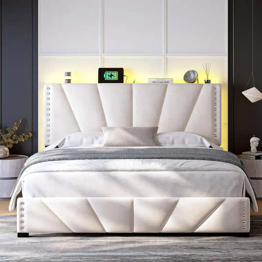 LED Bed Frame Velvet Storage Headboard with Charging Station Easy Assembly