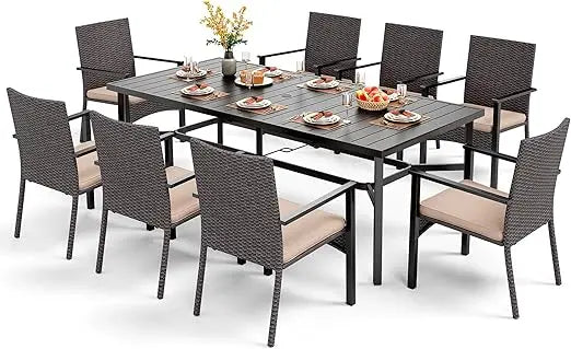 9 Piece Outdoor Dining Set for 8 with Wrought Iron Table and Wicker Chairs