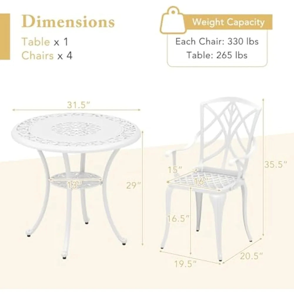 5 Pieces Cast Aluminum Outdoor Dining Set Round Table with Umbrella Hole