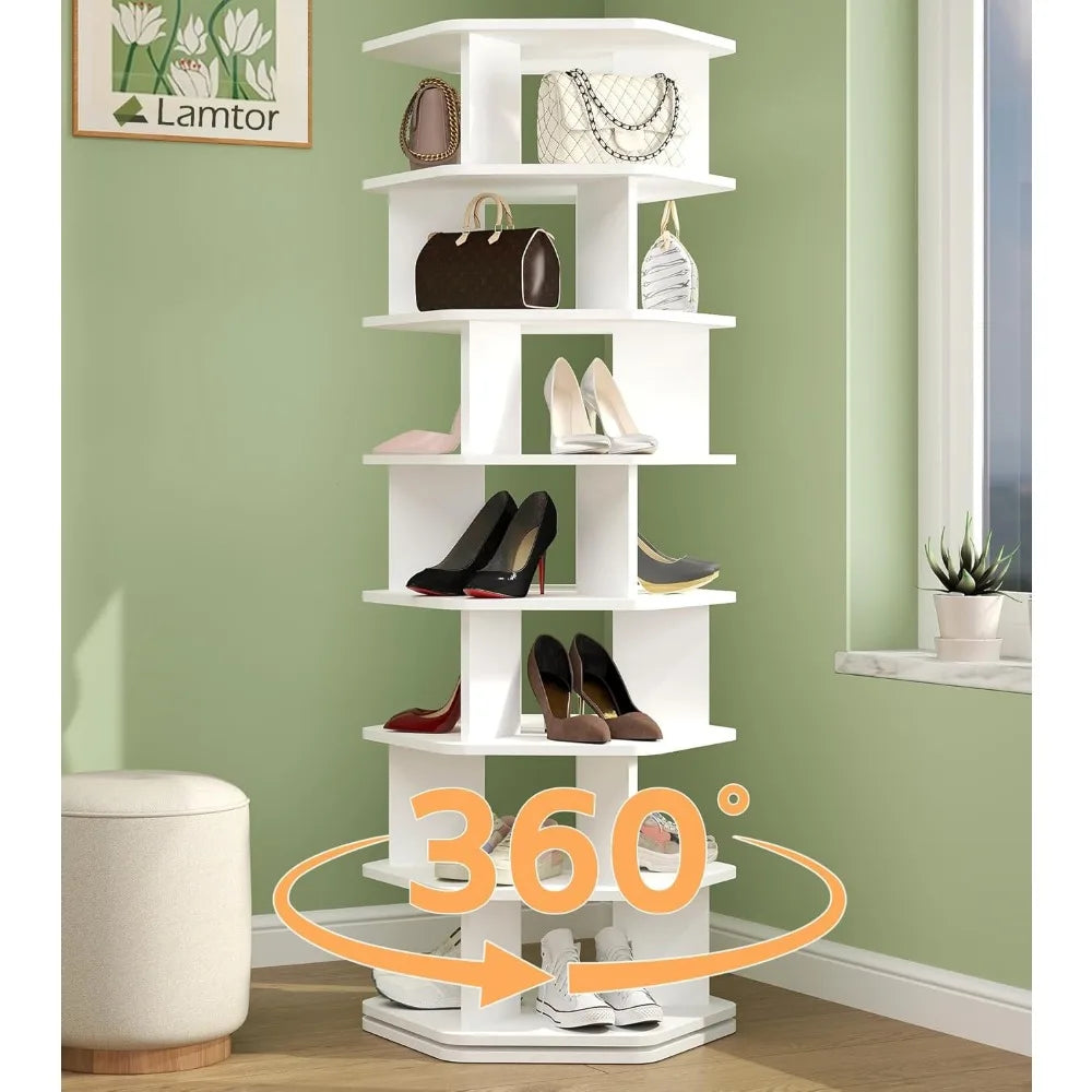 7 Tier Rotating Shoe Rack Wooden Spinning Organizer 360 Storage Tower