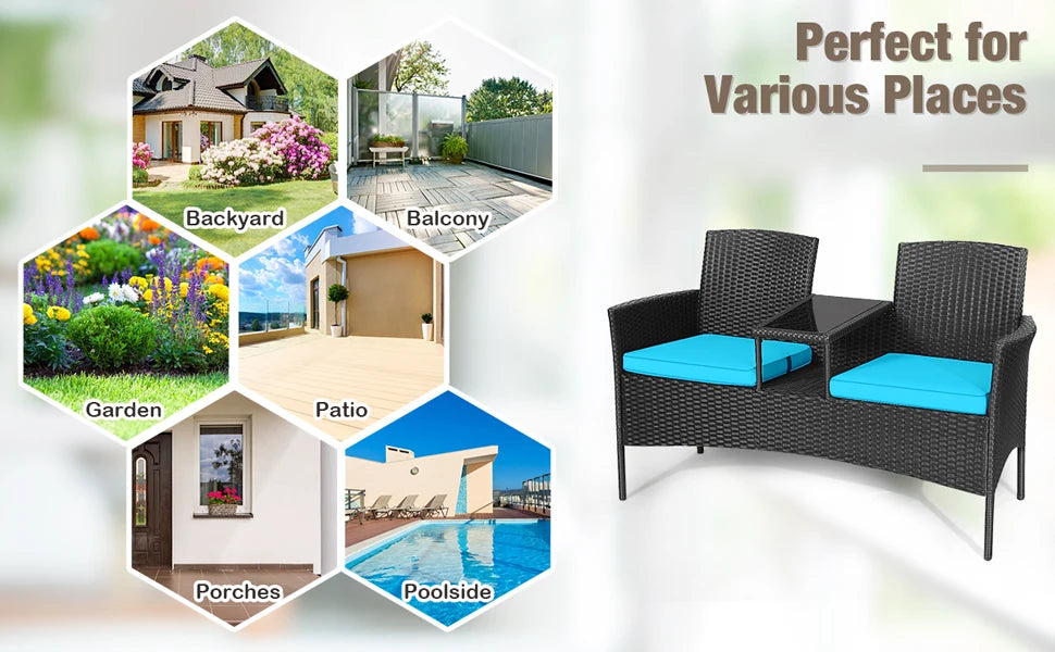 Garden Conversation Furniture Set Modern Rattan Bench with Cushions