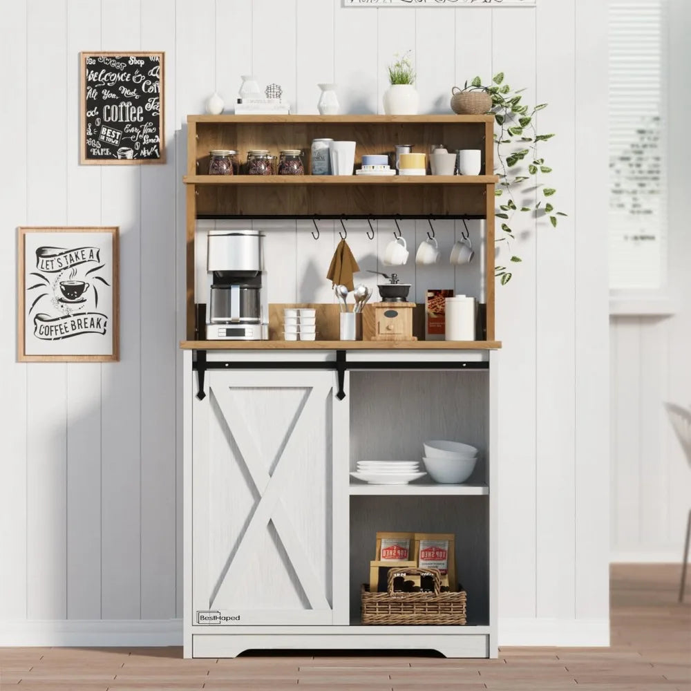 Farmhouse Coffee Station with Storage Hutch and Hooks for Home Bar