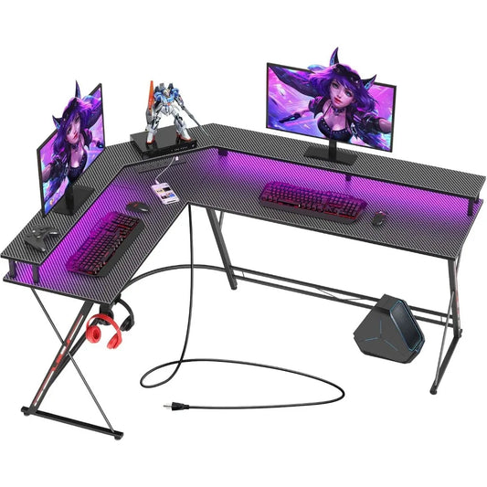 L Shaped Gaming Desk with LED Lights Power Outlets Monitor Stand