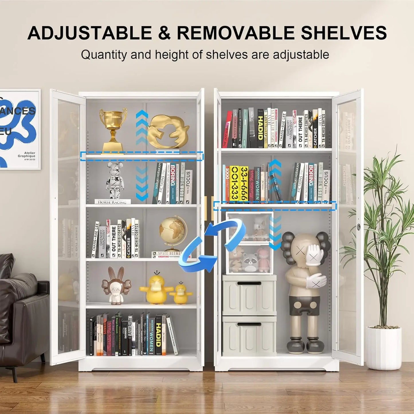 Display Cabinet Glass Doors Metal Curio Lock Shelves 71 Inch Tall Case