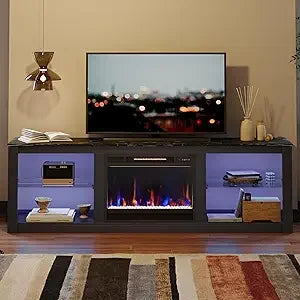 Fireplace TV Stand for 75 inch TV with Electric Fireplace and LED Light