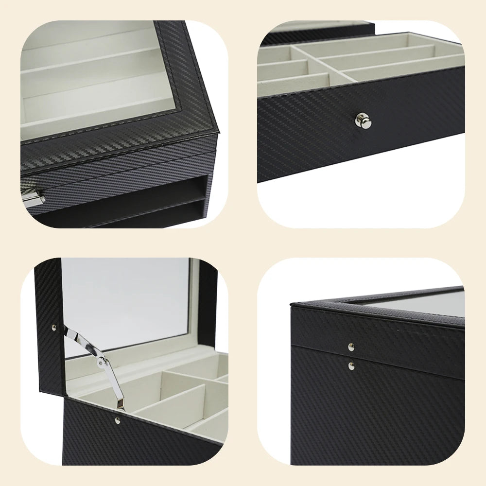 18-Grid Carbon Fiber Eyeglass Case Modern Sunglasses Storage Box