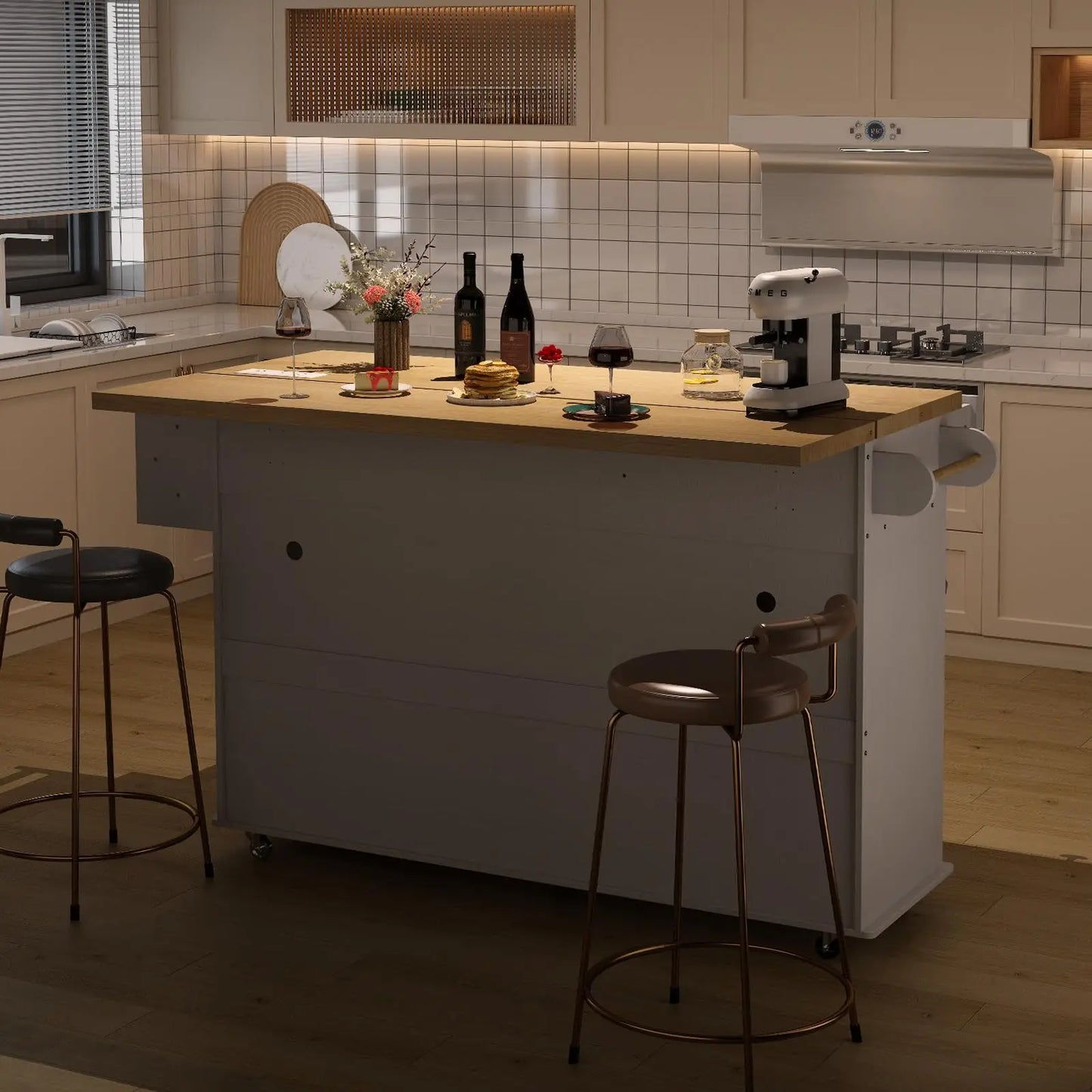 60" Mobile Kitchen Island Rolling Trolley with Power Outlet and Spice Rack